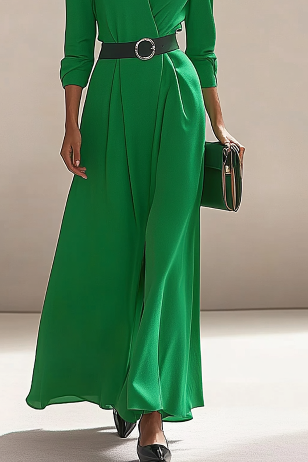 Elegant Work V-Neck Dress Long-Sleeve Green Casual Dress Mother of the Bride Dress