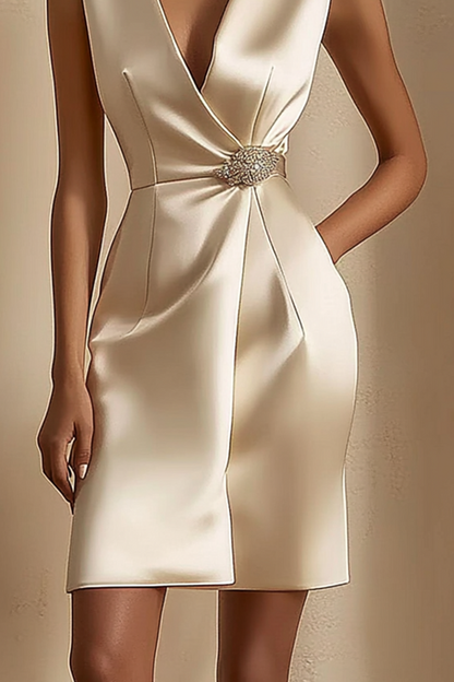 Elegant Satin Sleeveless Mini Dress V-Neckline Ivory Bodycon Pencil Dress