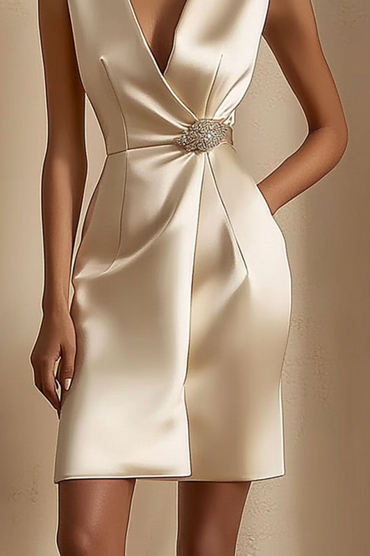 Elegant Satin Sleeveless Mini Dress V-Neckline Ivory Bodycon Pencil Dress