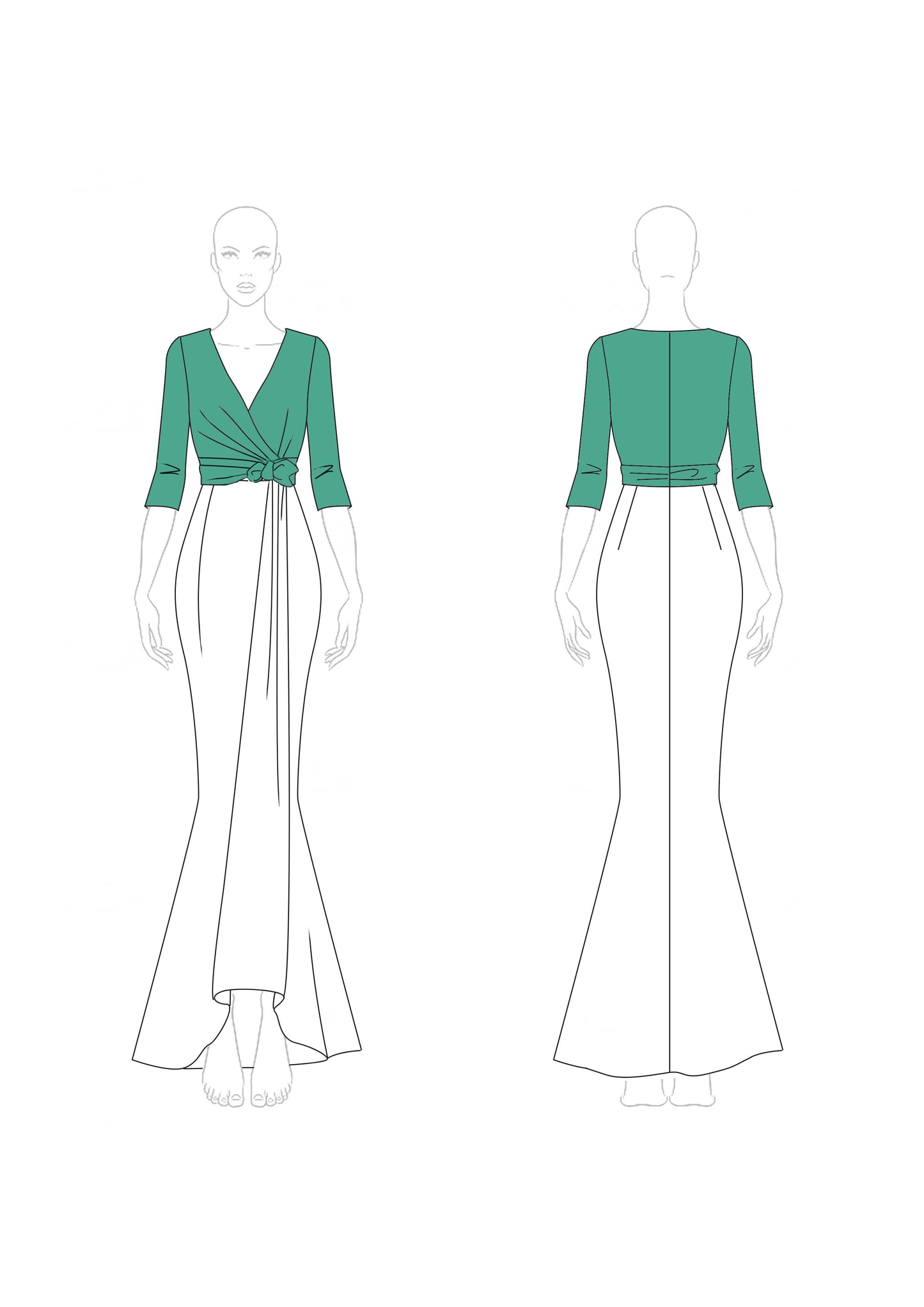 Elegant Formal Dress V Neck Wrap Design Half Sleeve Green White Evening Gown Maxi Dress
