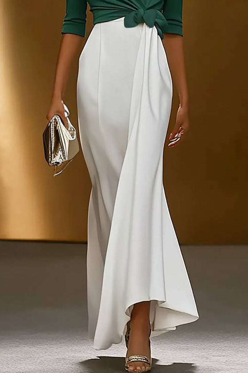 Elegant Formal Dress V Neck Wrap Design Half Sleeve Green White Evening Gown Maxi Dress