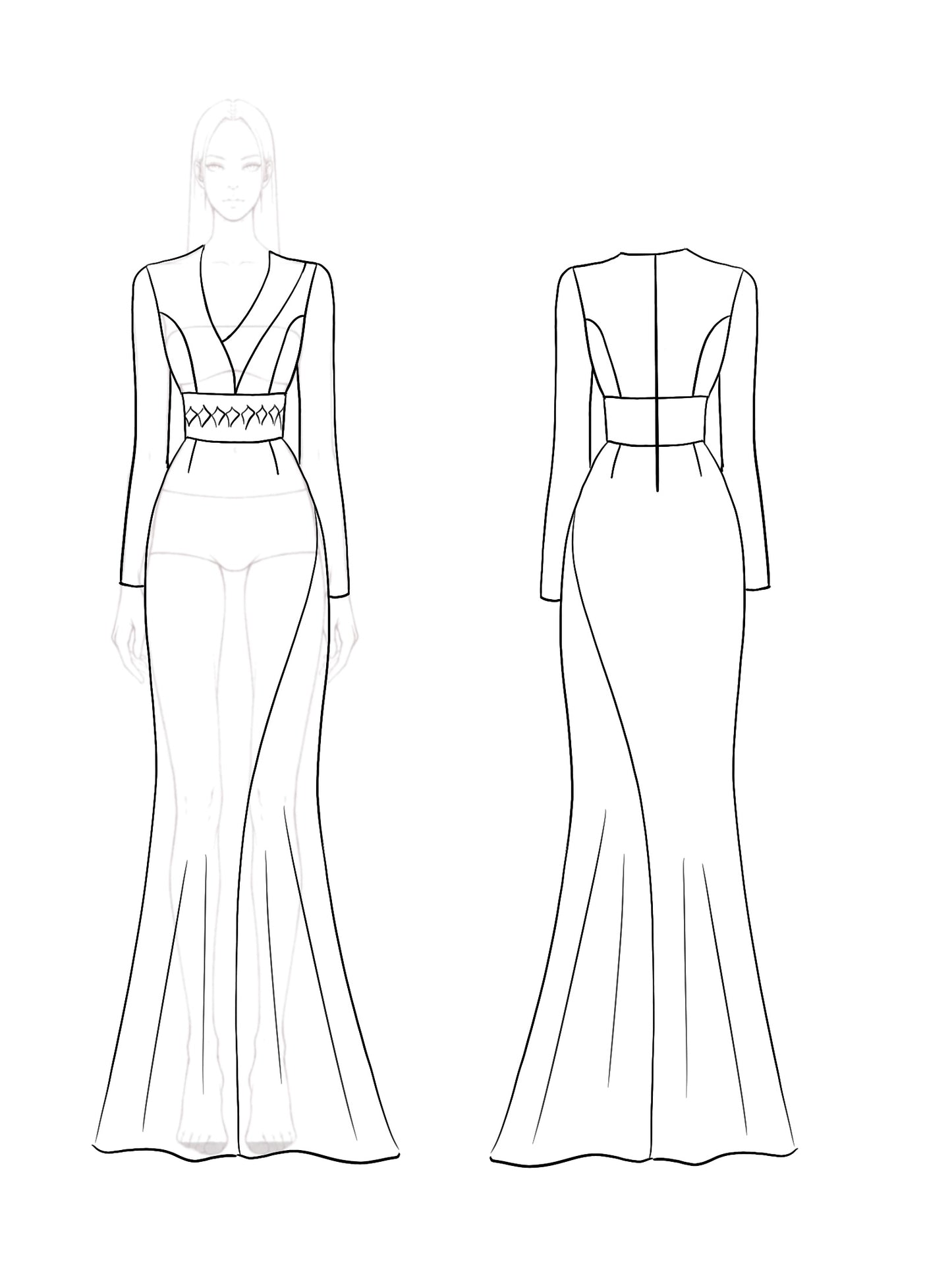 Elegant Maxi Dress Long Sleeves V-Neckline Colorblock Rhinestone Dress