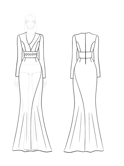 Elegant Maxi Dress Long Sleeves V-Neckline Colorblock Rhinestone Dress