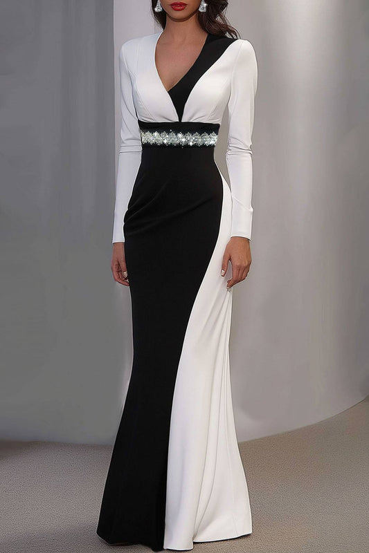 Elegant Maxi Dress Long Sleeves V-Neckline Colorblock Rhinestone Dress