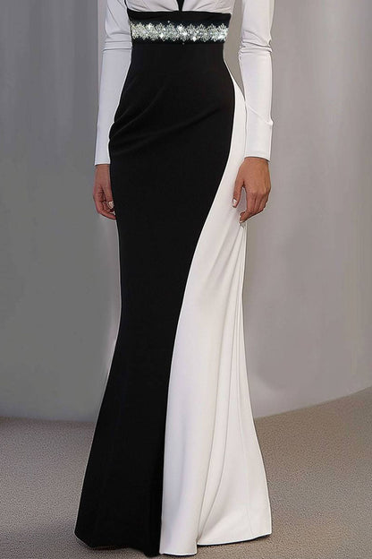Elegant Maxi Dress Long Sleeves V-Neckline Colorblock Rhinestone Dress