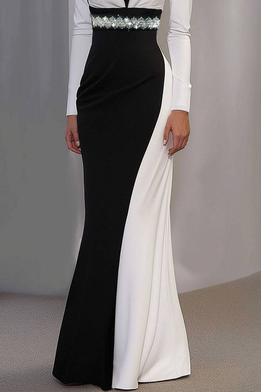 Elegant Maxi Dress Long Sleeves V-Neckline Colorblock Rhinestone Dress
