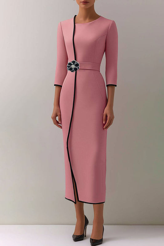 Elegant Midi Pencil Dress Floral Belt Contrast Trim Dress Mother of the Bride Dress
