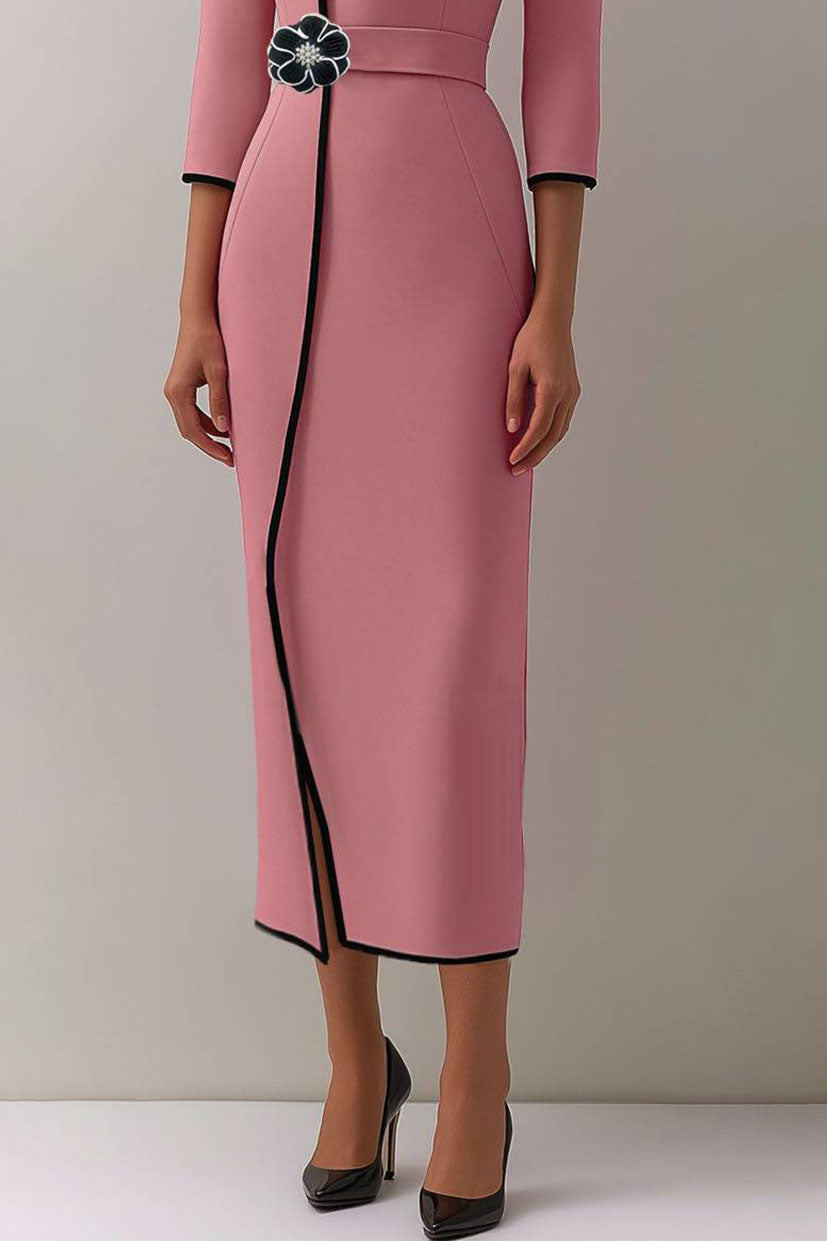 Elegant Midi Pencil Dress Floral Belt Contrast Trim Dress Mother of the Bride Dress