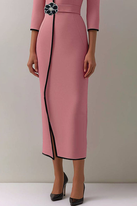Elegant Midi Pencil Dress Floral Belt Contrast Trim Dress Mother of the Bride Dress