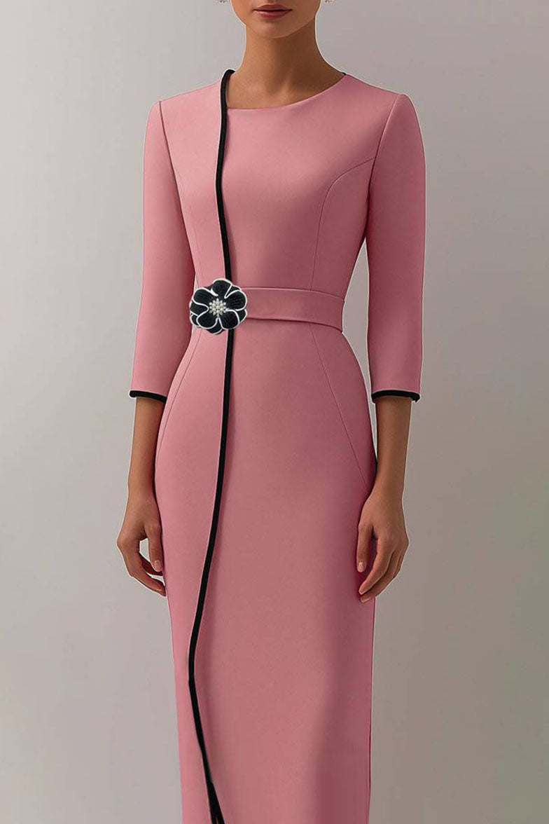 Elegant Midi Pencil Dress Floral Belt Contrast Trim Dress Mother of the Bride Dress