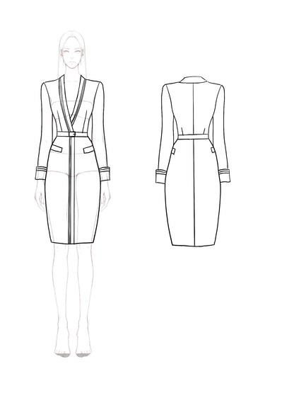 Formal White Midi Blazer Dress Contrast Trim Belted Waist Dress