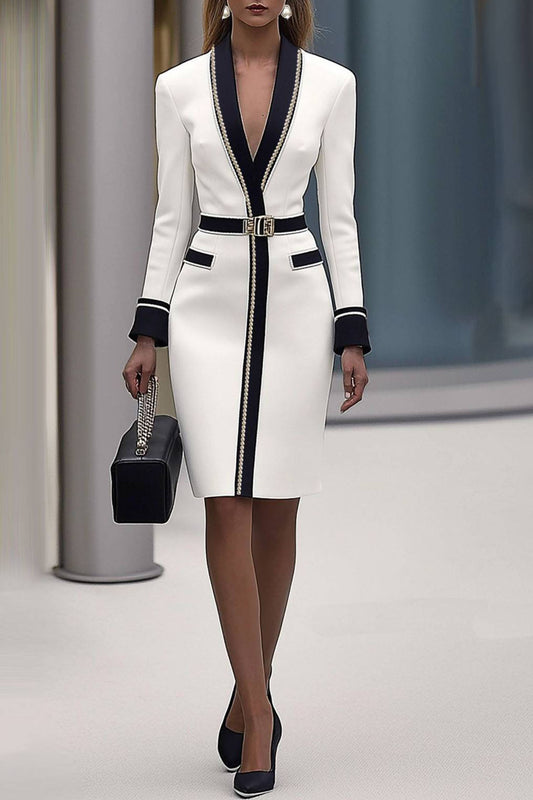 Formal White Midi Blazer Dress Contrast Trim Belted Waist Dress