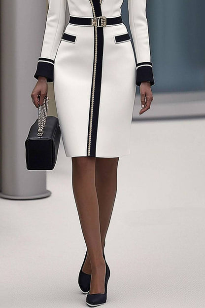 Formal White Midi Blazer Dress Contrast Trim Belted Waist Dress