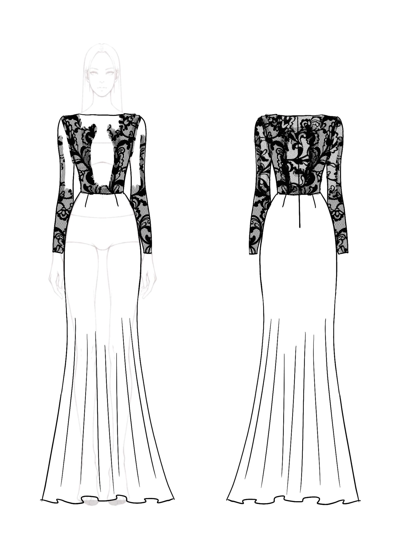 Elegant Black Evening Long length Dress Sheer Lace Sleeves Dress Mother of the Bride Dress