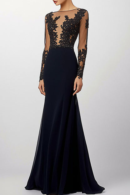 Elegant Black Evening Long length Dress Sheer Lace Sleeves Dress Mother of the Bride Dress