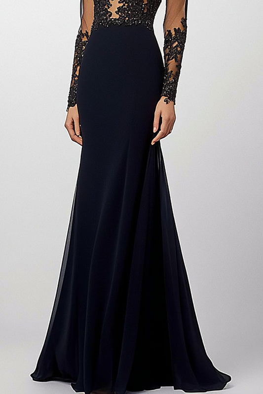 Elegant Black Evening Long length Dress Sheer Lace Sleeves Dress Mother of the Bride Dress