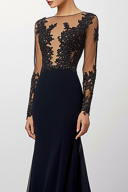 Elegant Black Evening Long length Dress Sheer Lace Sleeves Dress Mother of the Bride Dress