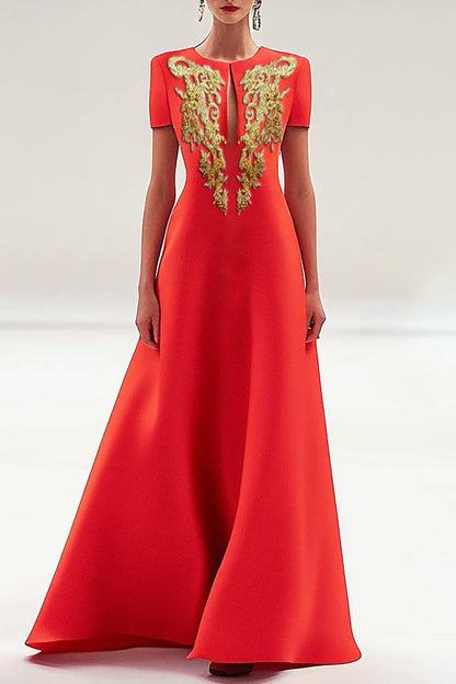 Formal Red Dress Mesh Embroidery Elegant Round Neck Maxi Dress Mother of the Bride Dress