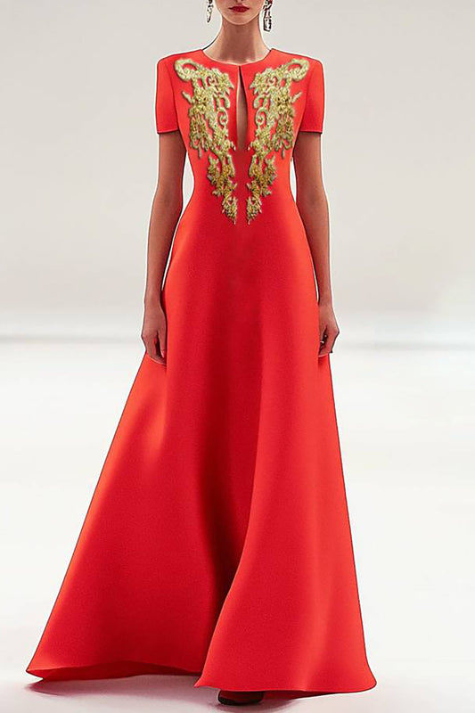 Formal Red Dress Mesh Embroidery Elegant Round Neck Maxi Dress Mother of the Bride Dress
