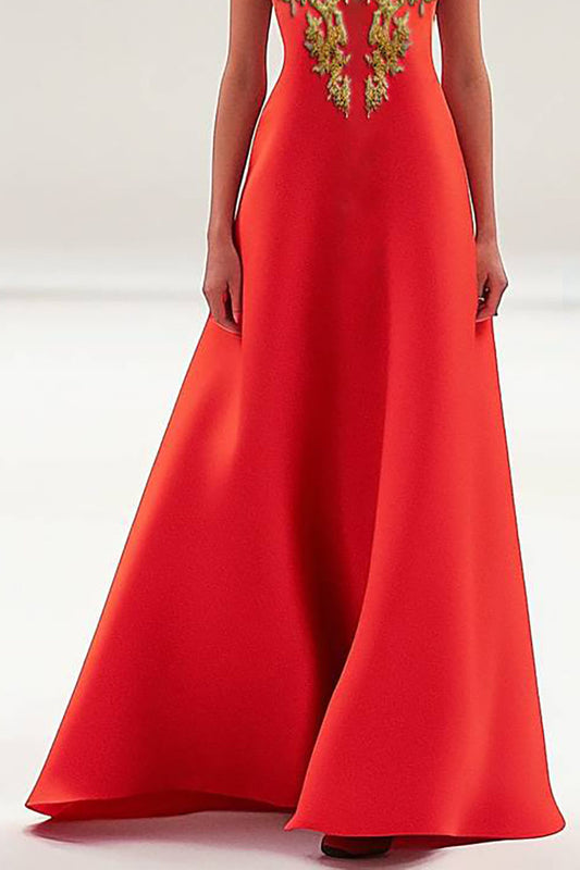 Formal Red Dress Mesh Embroidery Elegant Round Neck Maxi Dress Mother of the Bride Dress