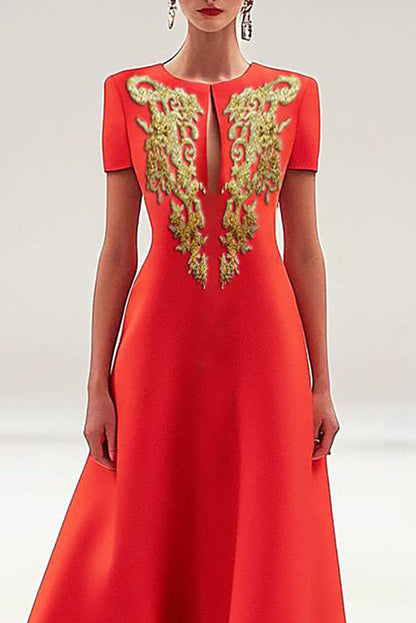 Formal Red Dress Mesh Embroidery Elegant Round Neck Maxi Dress Mother of the Bride Dress