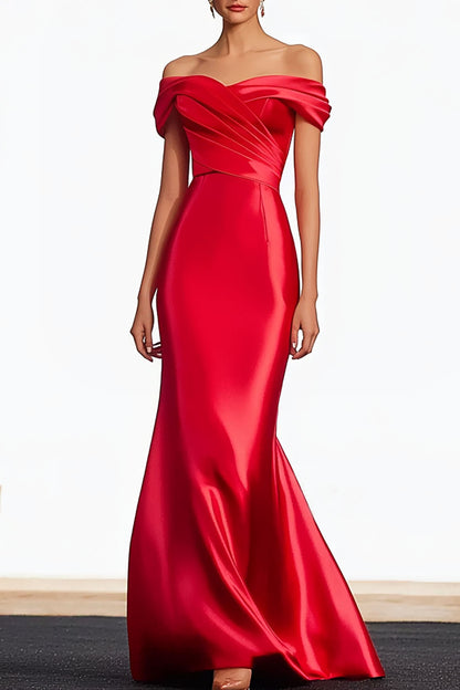 Elegant Red Dress Off-Shoulder Chest Pleated Design Hip-Hugging Long Dress Mother of the Bride Dress