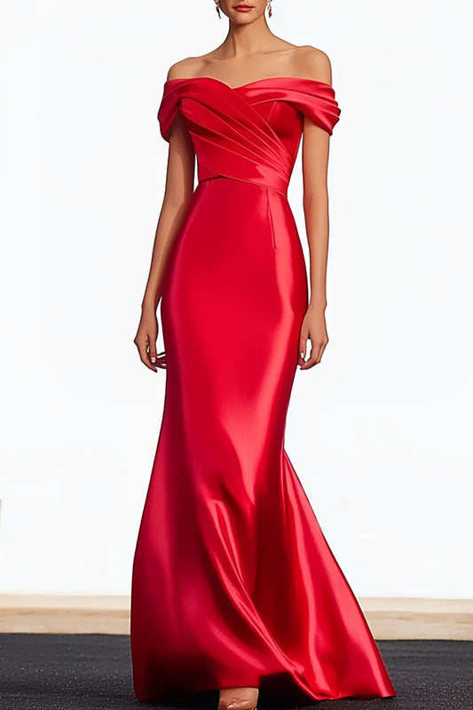 Elegant Red Dress Off-Shoulder Chest Pleated Design Hip-Hugging Long Dress Mother of the Bride Dress