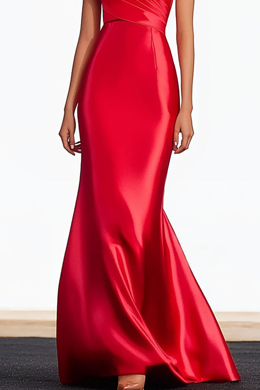 Elegant Red Dress Off-Shoulder Chest Pleated Design Hip-Hugging Long Dress Mother of the Bride Dress
