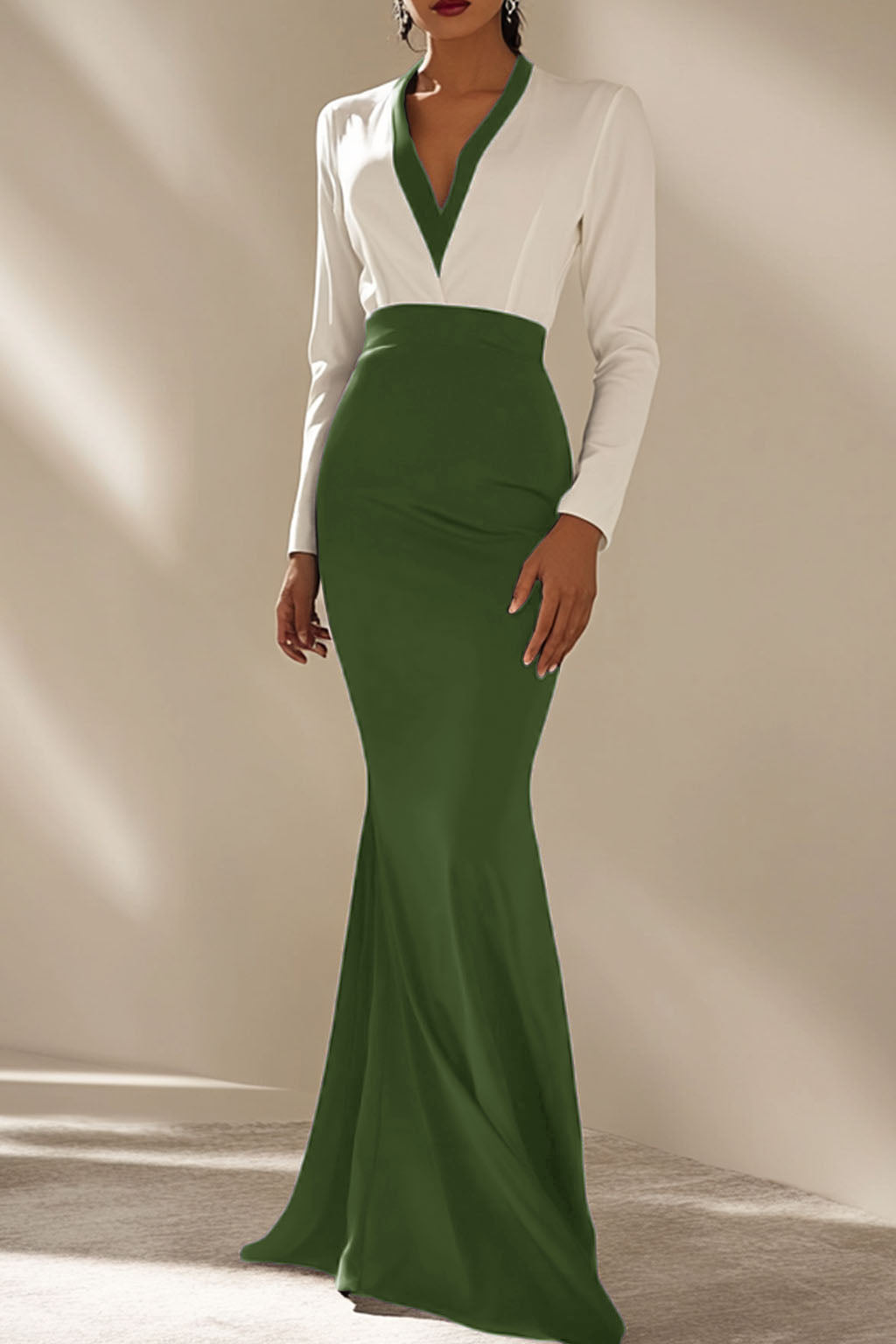Elegant Formal Dress Black White Color-block V Neck Long Sleeve Maxi Dress