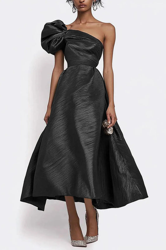 Elegant Prom One-Shoulder Dress Bow Accent Black Midi Dress