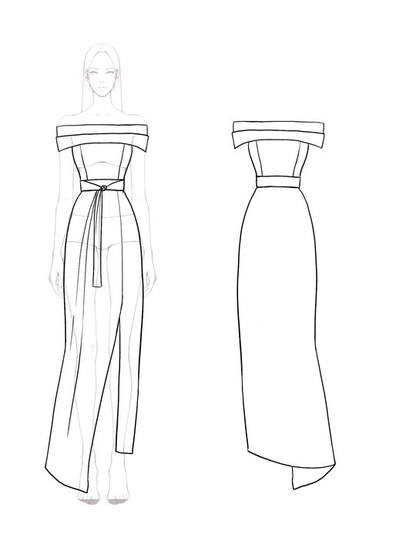 Elegant Color-Block Dress Off-Shoulder Front Slit Belted Maxi Dress