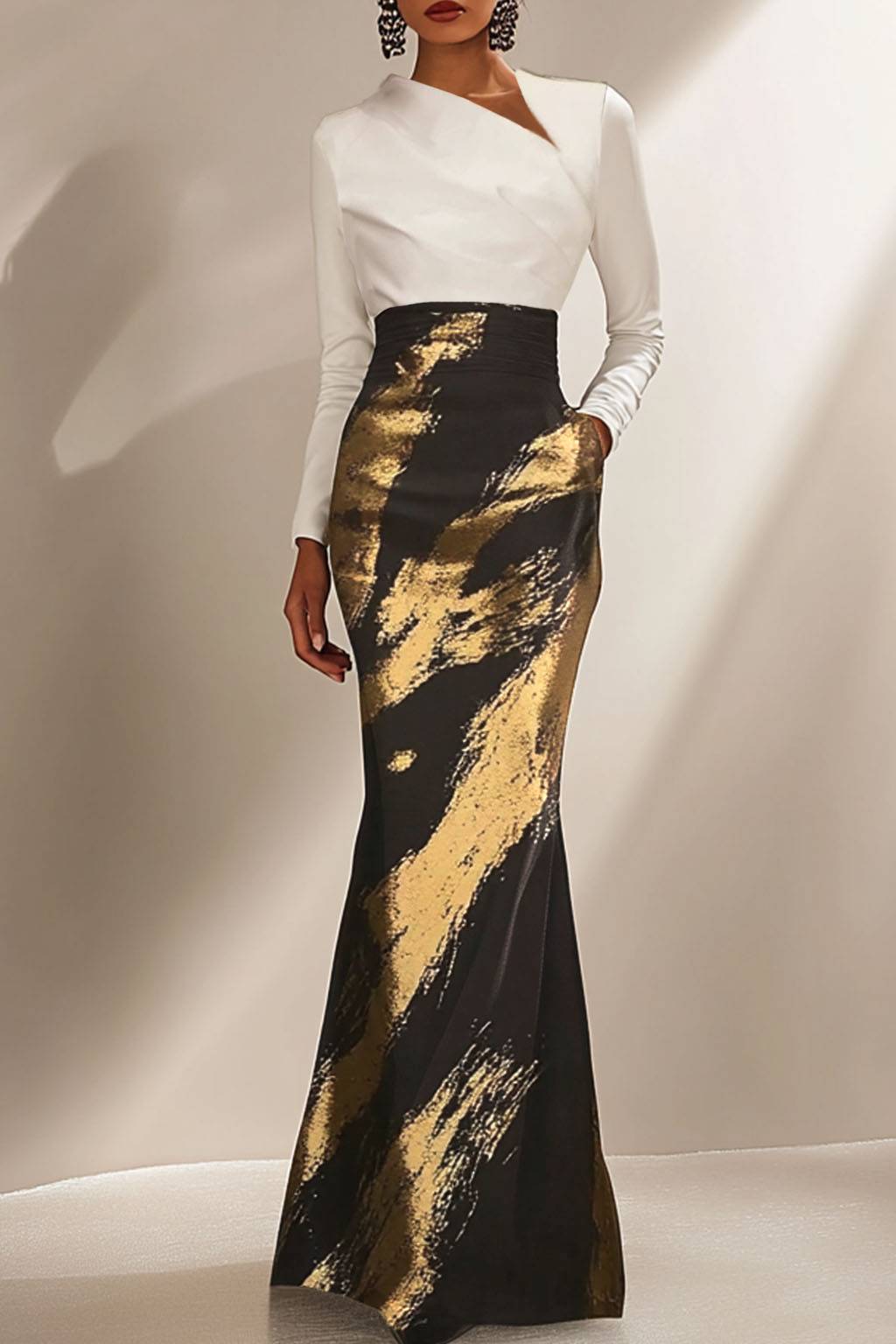 Evening Contrast Dress Slanted Collar and Long Sleeves Black Gold Maxi Dress