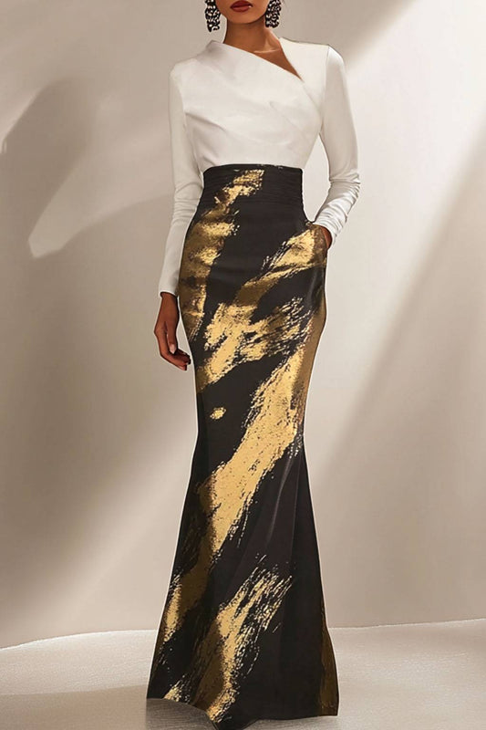 Evening Contrast Dress Slanted Collar and Long Sleeves Black Gold Maxi Dress
