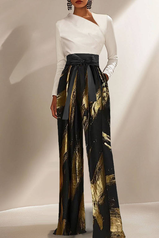 Evening Contrast Jumpsuit Black Gold Metallic Bow Belt Jumpsuit