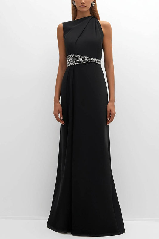 Elegant Black Evening Dress Rhinestone Belt Sleeveless Maxi Dress