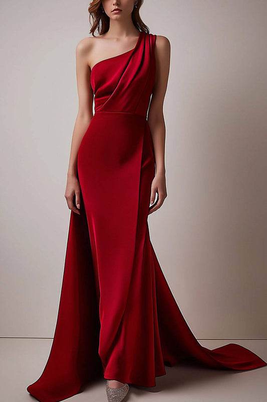 Evening Vintage Satin Dress One Shoulder Asymmetrical with Train Maxi Dress