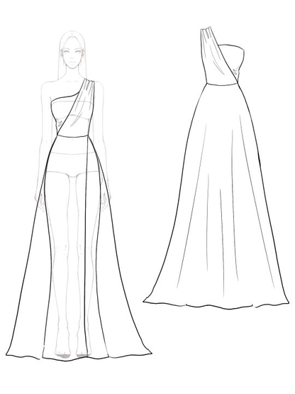Evening Vintage Satin Dress One Shoulder Asymmetrical with Train Maxi Dress