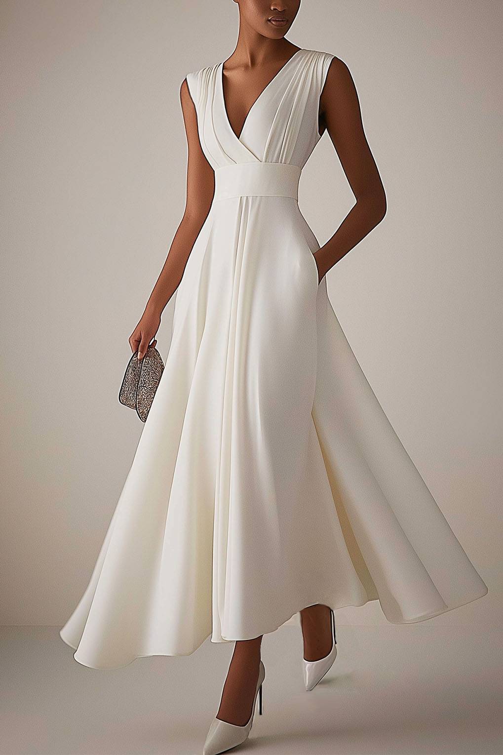 Evening Elegant Dress Sleeveless Deep V Neck Pleated Design Ball Gown Maxi Dress