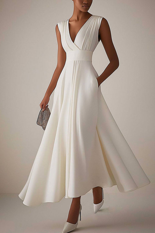 Evening Elegant Dress Sleeveless Deep V Neck Pleated Design Ball Gown Maxi Dress