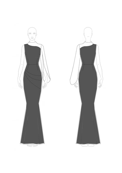 Evening Design Dress Color-Block One-Shoulder Slit Sleeve Waist Pleated Maxi Dress