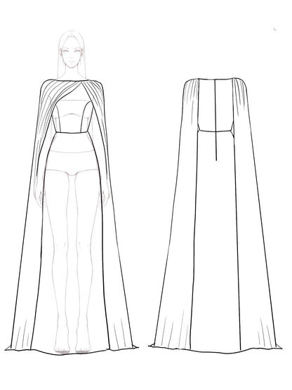 Formal Evening Dress with Cape Solid Color Slim Maxi Dress