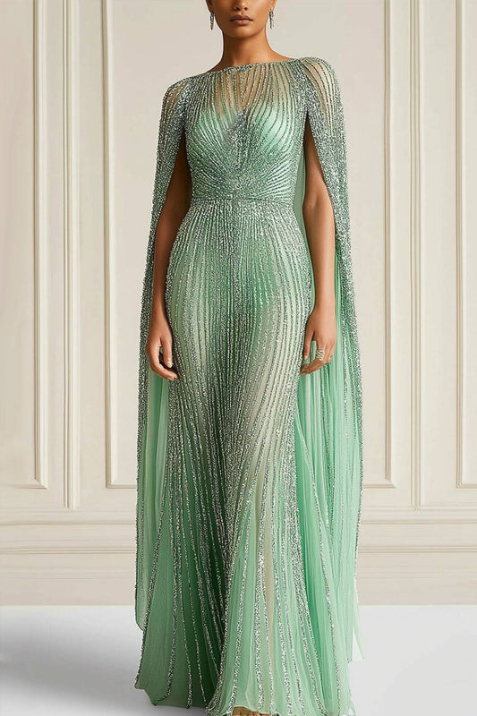 Evening Formal Gown Tulle Foil Fabric Cape Boat Neck Maxi Dress