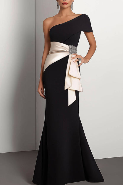 Elegant Formal Dress Color Block One-shoulder Sleeve Rhinestone Draped Mermaid Floor-length Dress