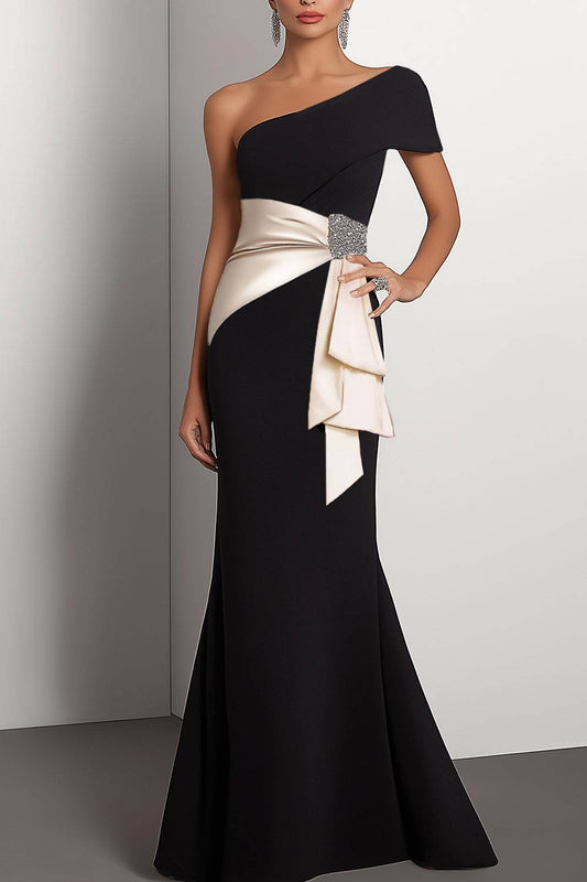 Elegant Formal Dress Color Block One-shoulder Sleeve Rhinestone Draped Mermaid Floor-length Dress