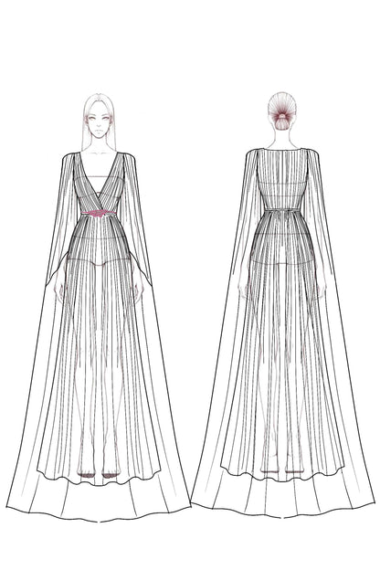 Formal Evening Chiffon Dress Long Sleeve Waist Belt Cape Floor-length Gown