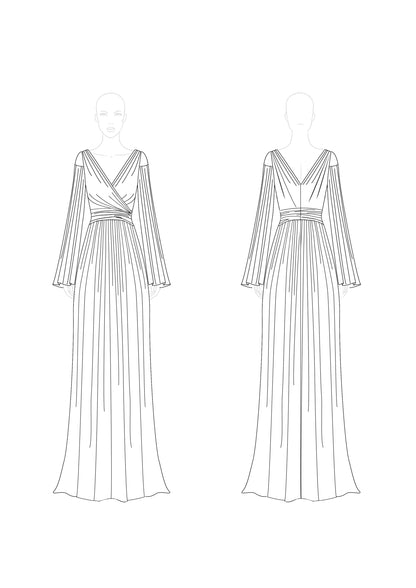 Elegant Prom Dress Deep V Long Sleeve Bell Sleeve Pleated Draped Floor-length Gown