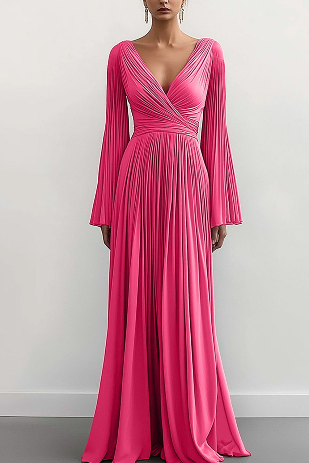 Elegant Prom Dress Deep V Long Sleeve Bell Sleeve Pleated Draped Floor-length Gown