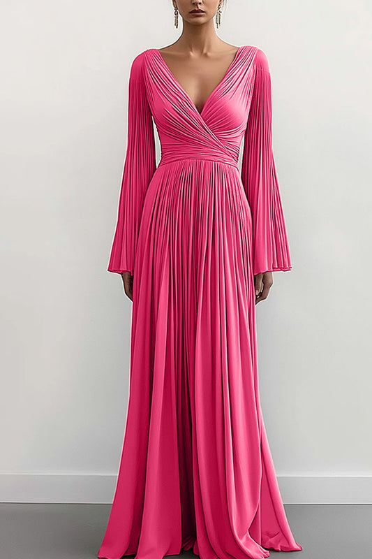 Elegant Prom Dress Deep V Long Sleeve Bell Sleeve Pleated Draped Floor-length Gown