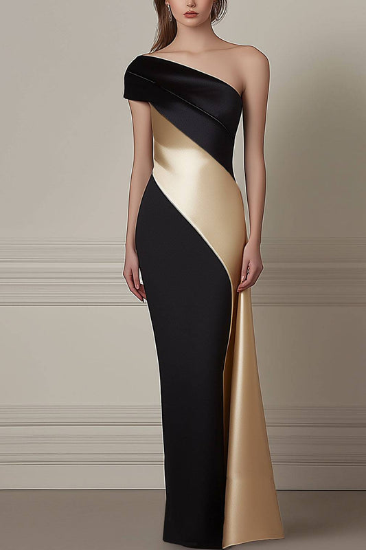 Formal Prom Dress One-Shoulder Champagne Black Color-block Floor-Length Dress
