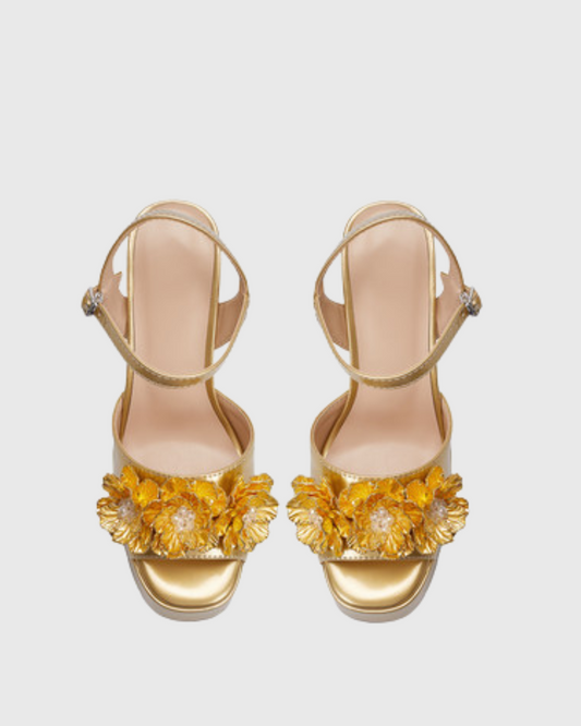 Cai Rhinestone Flower Strap Platform Sandals In Gold